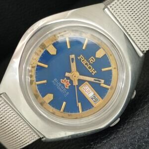 Vintage 1977 Ricoh Automatic Mens Silver Watch W/daydate & Gold accents